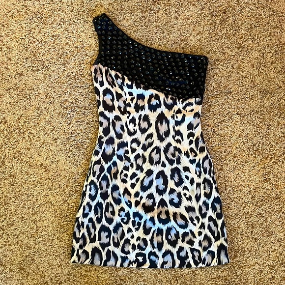 Women’s Arden B. Metallic Leopard Print One Shoulder Dress w Beading Size XS - Picture 1 of 9
